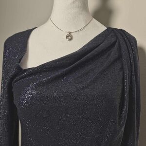 Ramy Brook Shimmering Navy Metallic Sparkly Whimsy Stargirl Chic Draped Knit Top